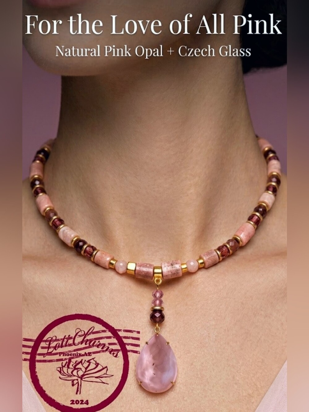 Natural Genuine Pink Opal & Pink Glass in GP Necklace w/ Powder Pink Crystal